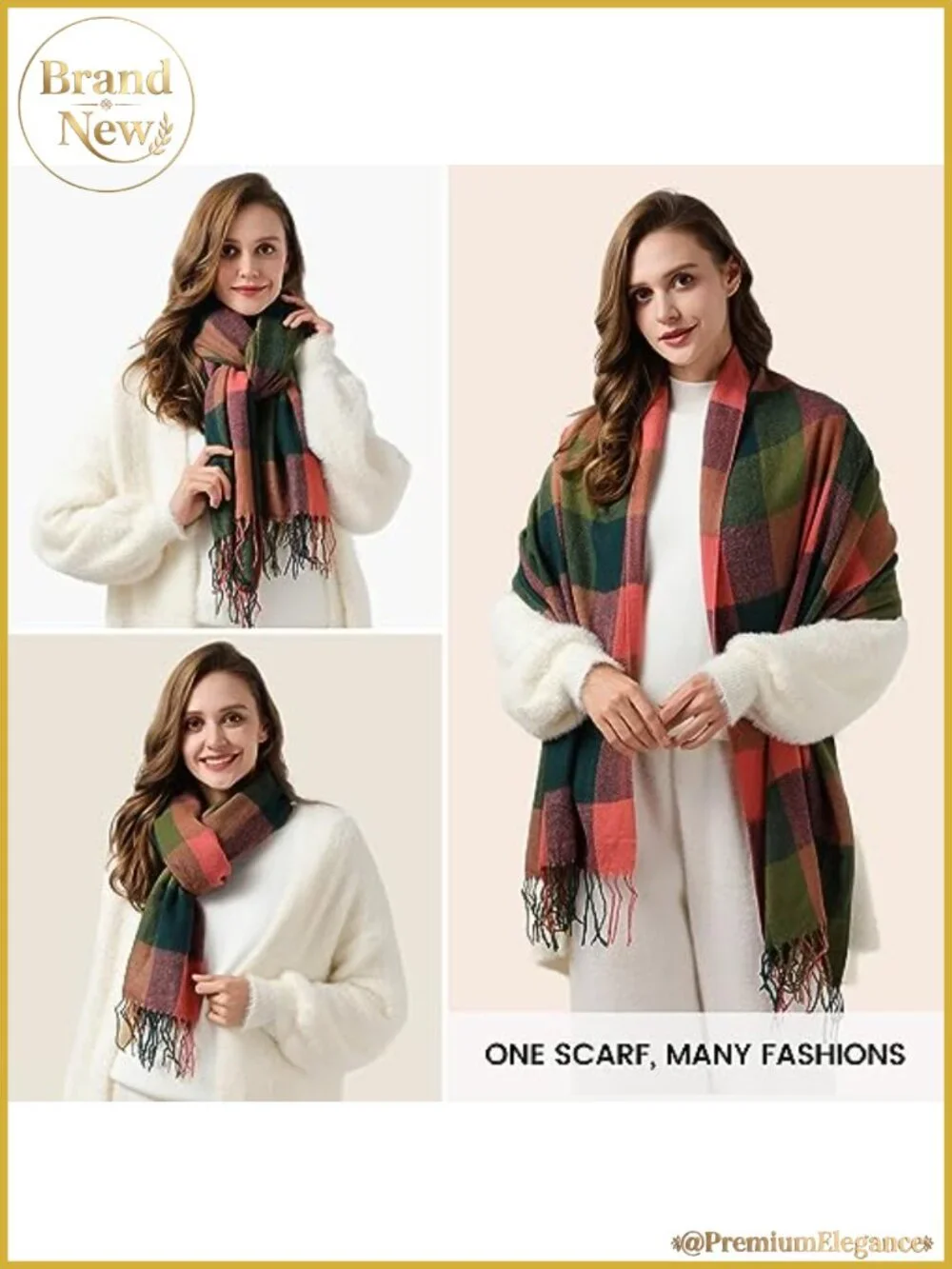 Acrylic Winter Scarf with Tassels and Plaid Design